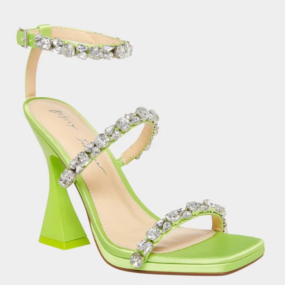 Betsey Johnson SB-Perry Citron Rhinestone Lime Green Buckle Strap Flare Heels - Picture 2 of 10